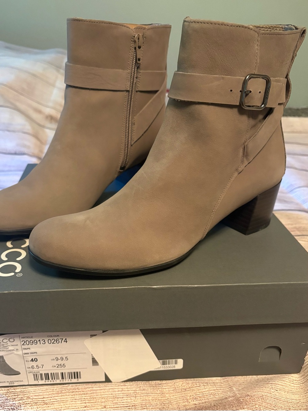 Ecco Beige Ankle Booties with Side Zip and Buckle Detail